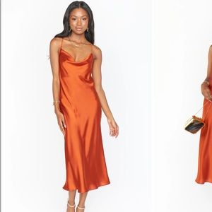 Show Me Your Mumu Verona Cowl Dress in Burnt Orange Luxe Satin